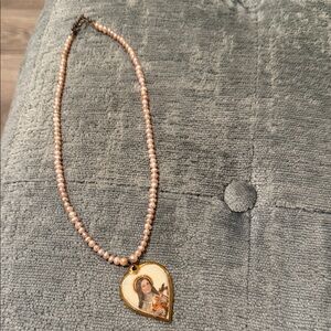 Handmade Natural Freshwater Pearl and St. Therese Limoges Pendant Necklace.